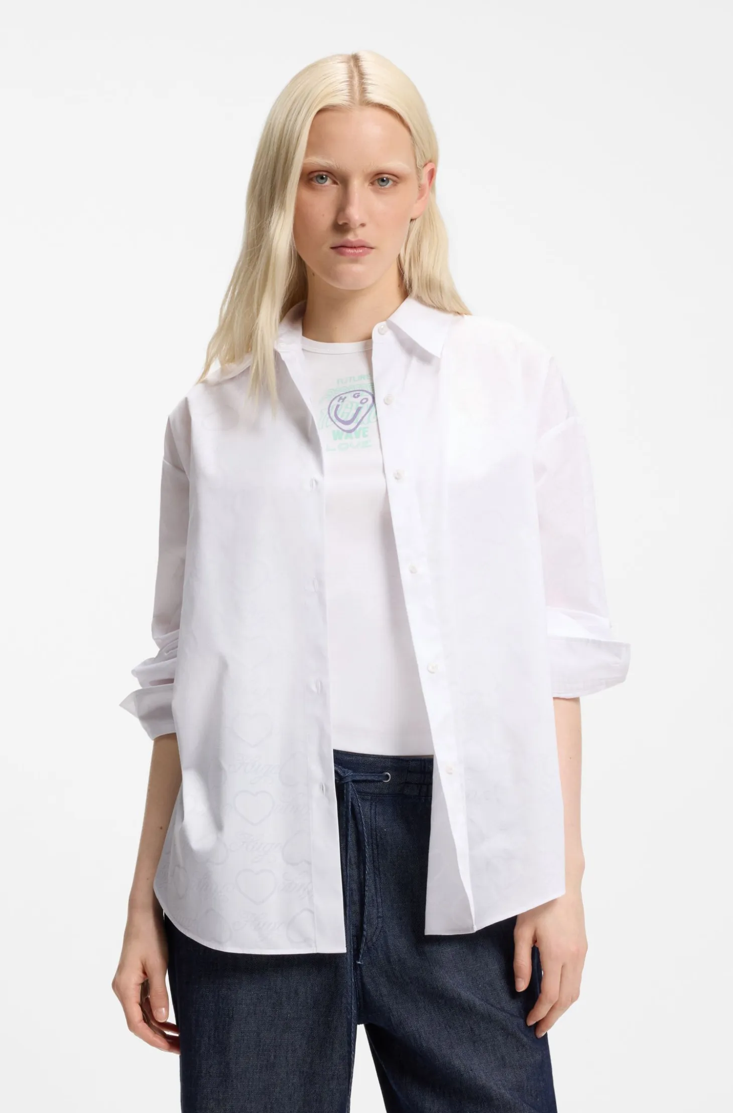 Oversized-fit blouse with burnout heart and logo print