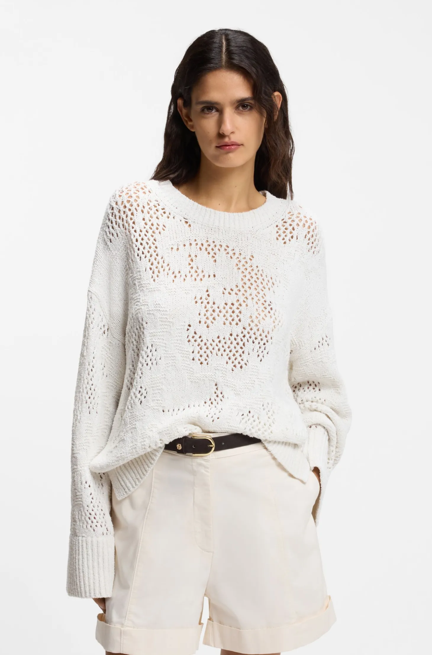 Oversized-fit cotton-blend sweater with knitted pattern
