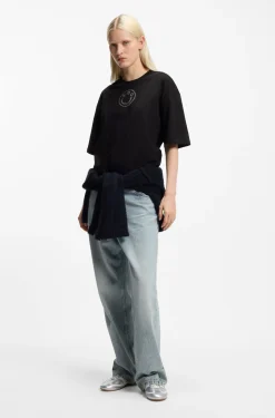 Oversized-fit cotton T-shirt with rhinestone Happy HUGO logo