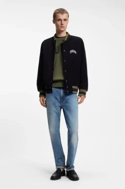 Oversized-fit sweater in ribbed cotton with varsity logo
