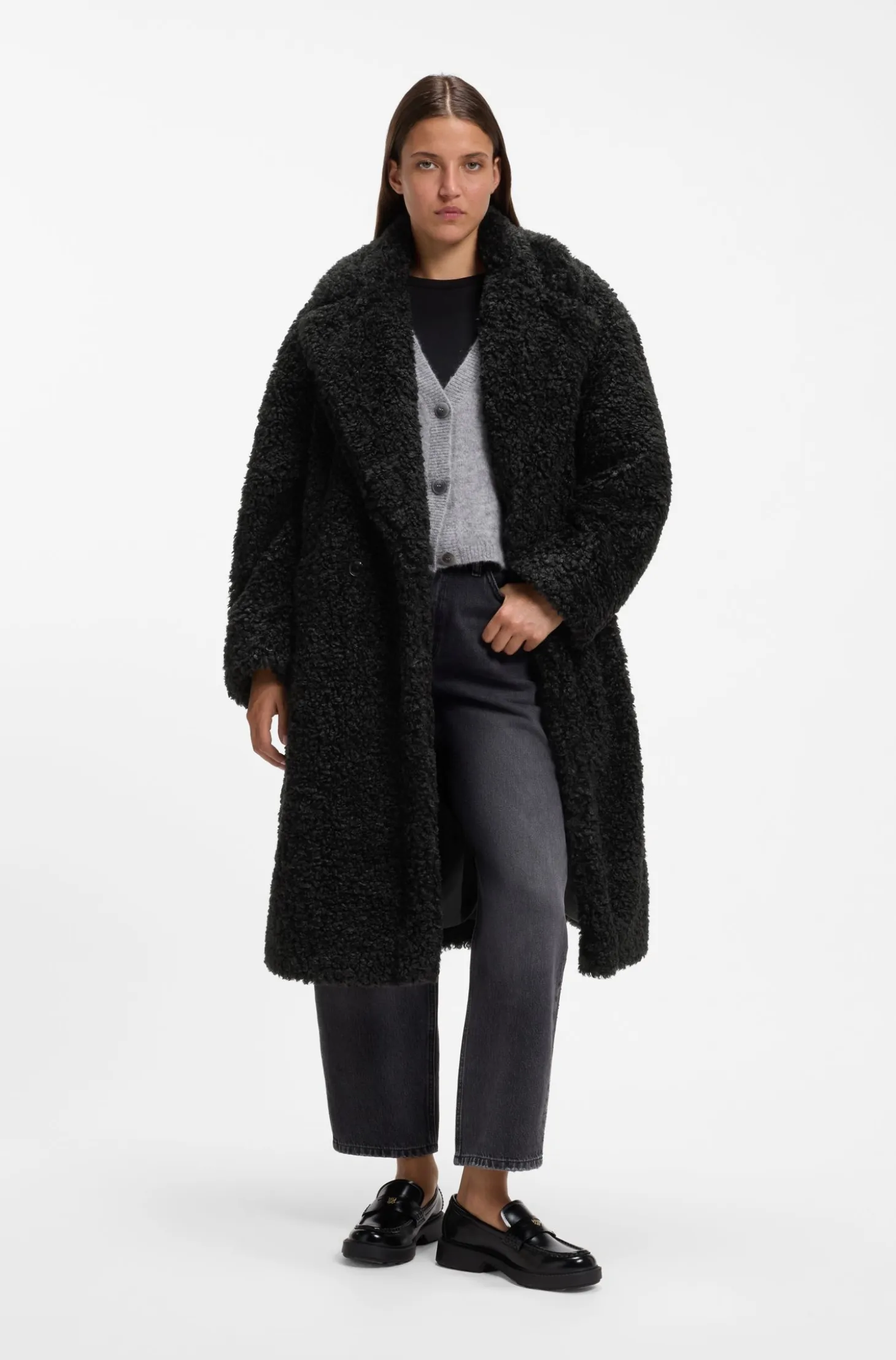 Oversized-fit teddy coat with double-breasted closure