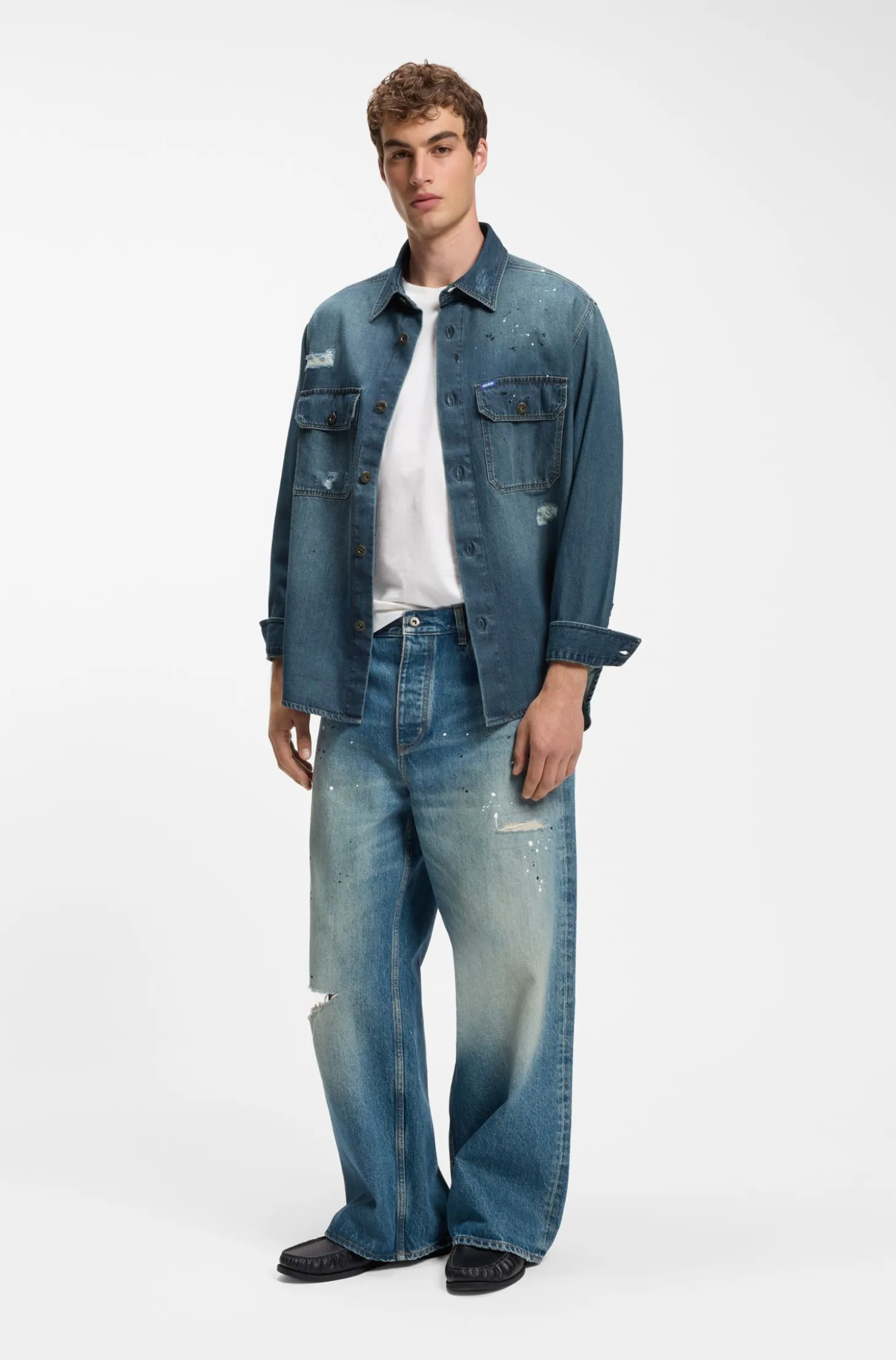 Oversize-fit denim overshirt with paint splashes