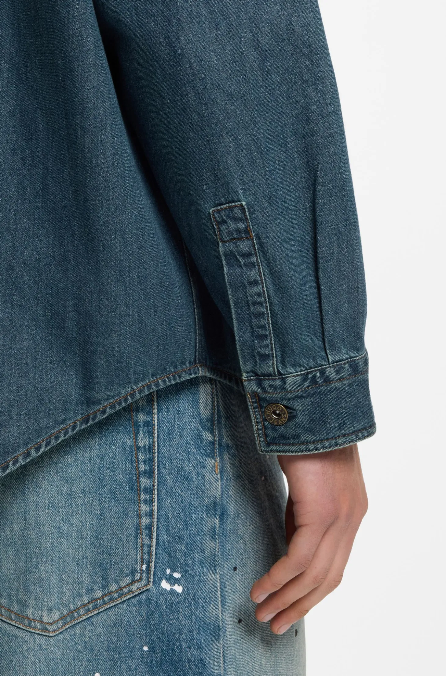 Oversize-fit denim overshirt with paint splashes