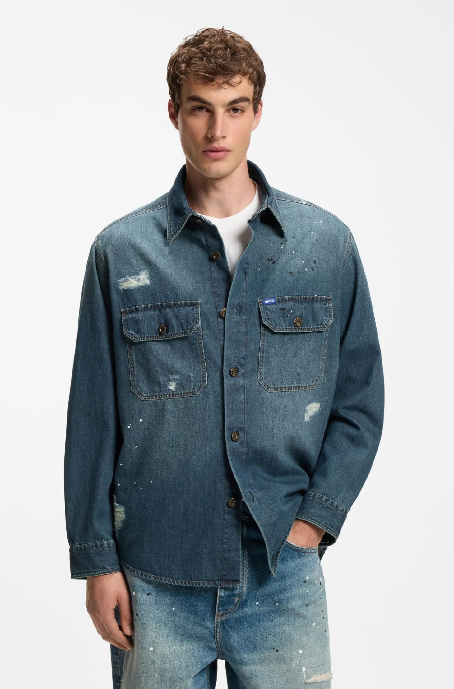 Oversize-fit denim overshirt with paint splashes