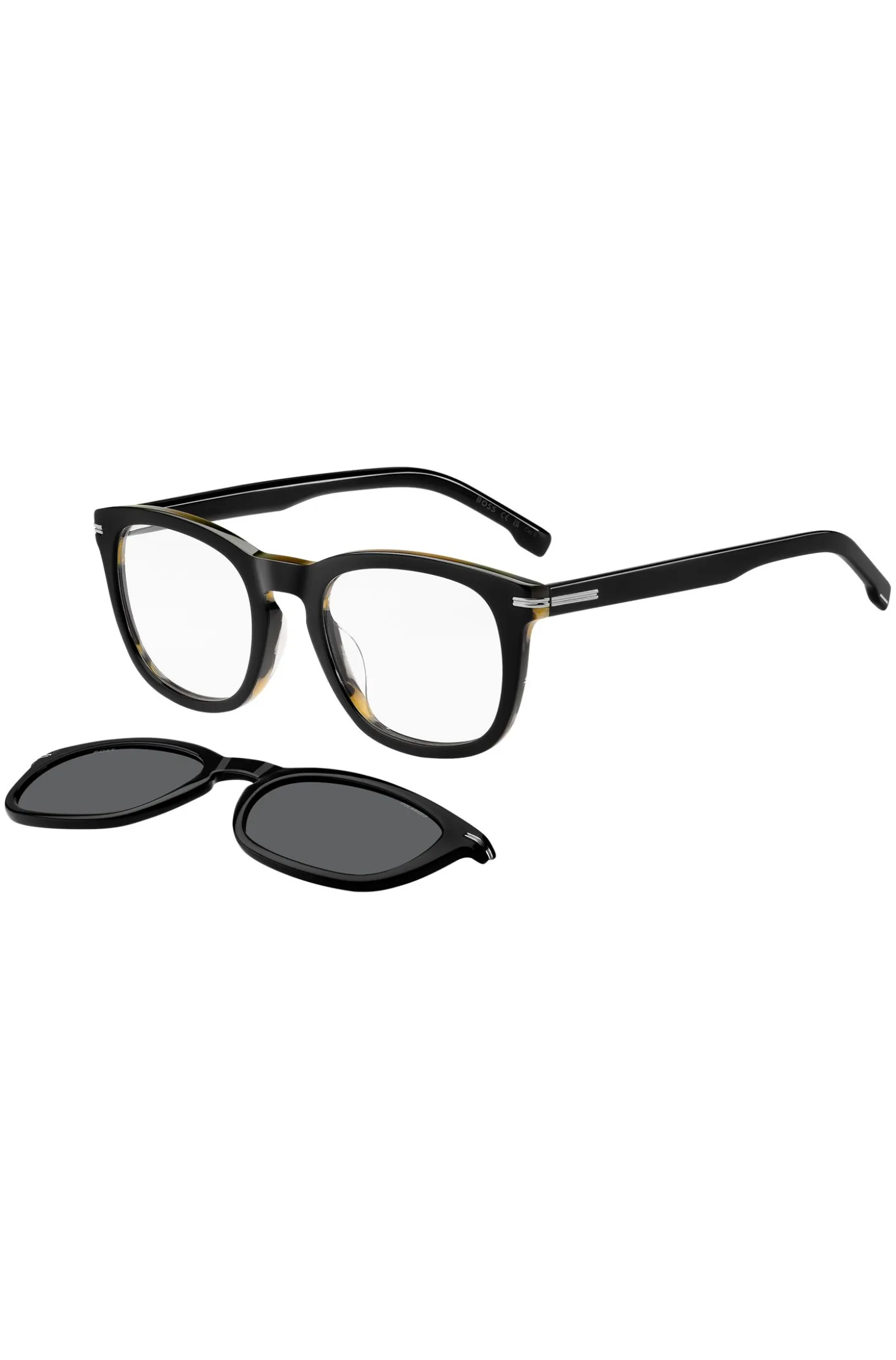 Patterned-acetate optical frames with clip-on shaded lenses