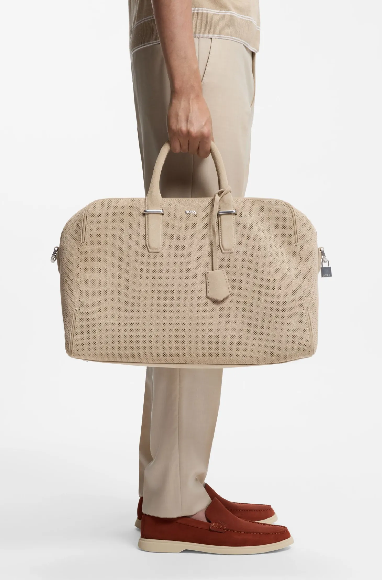 Perforated-suede holdall with metallic logo lettering
