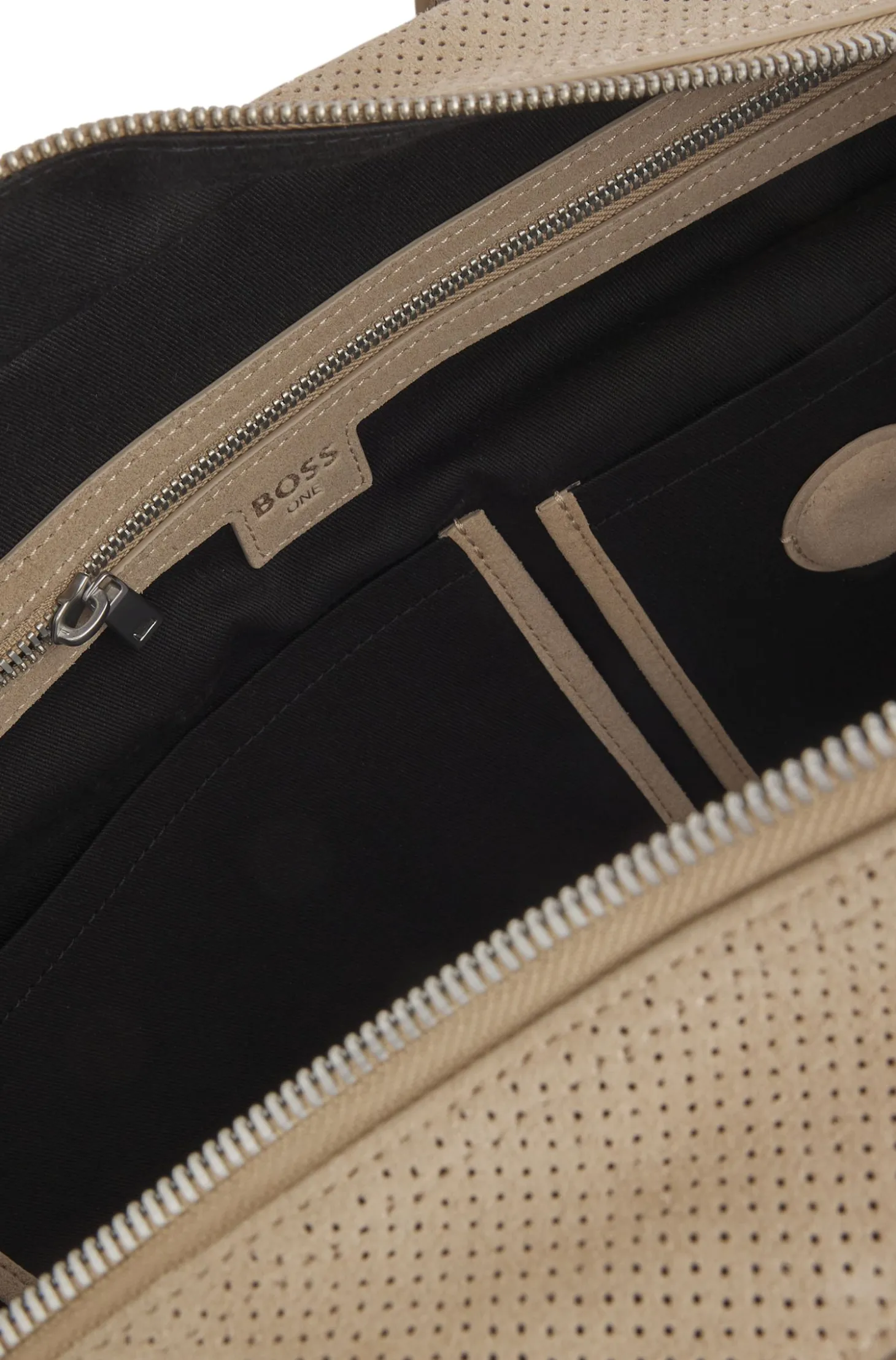 Perforated-suede holdall with metallic logo lettering