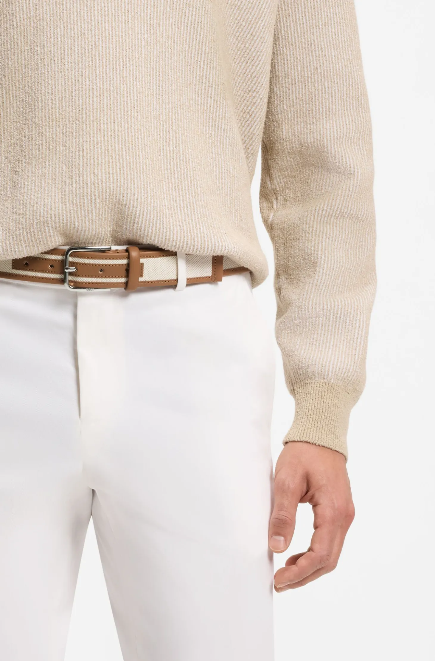 Pin-buckle belt in leather and canvas