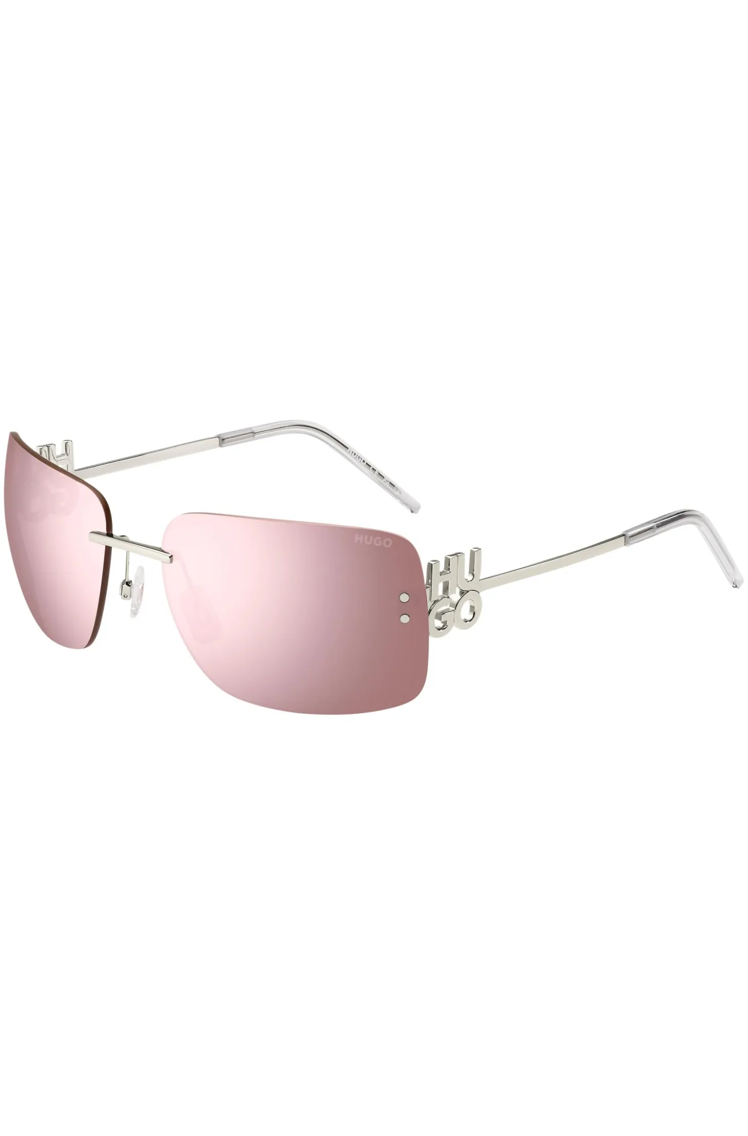 Pink-lens sunglasses with stacked-logo temples