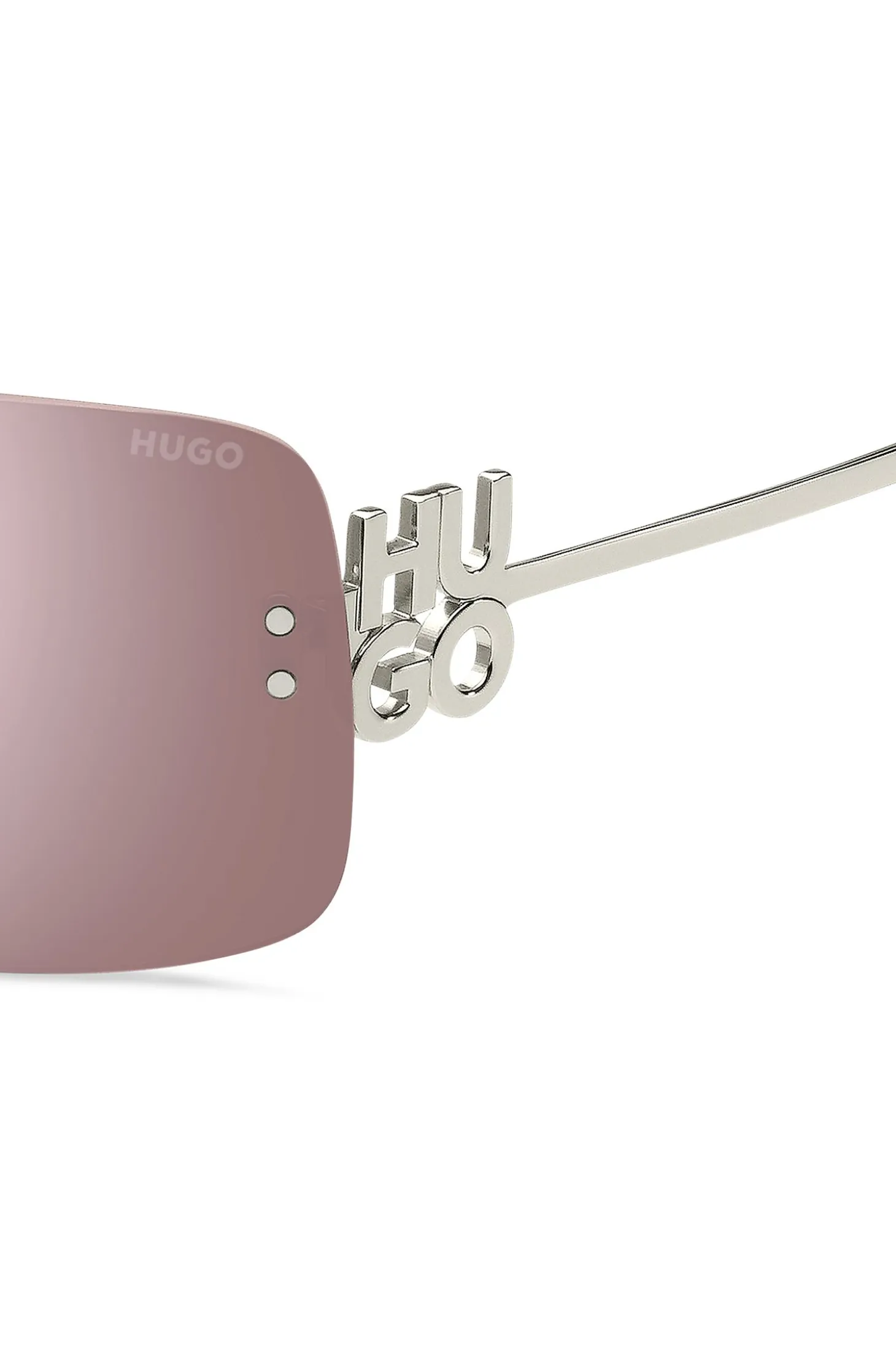 Pink-lens sunglasses with stacked-logo temples