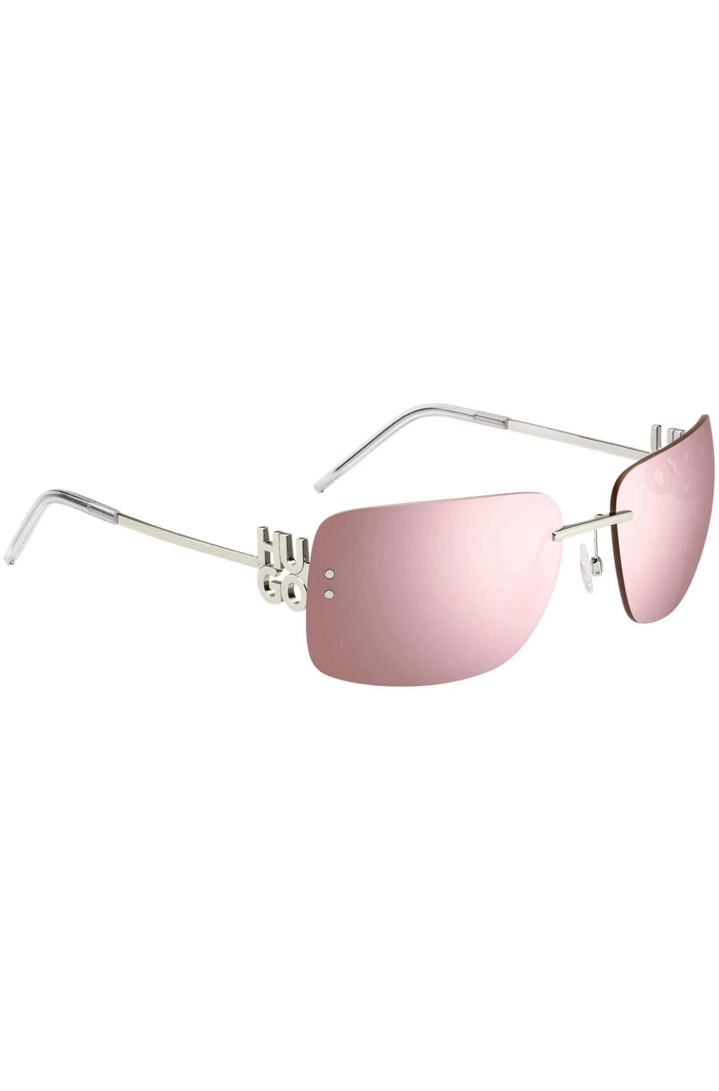 Pink-lens sunglasses with stacked-logo temples