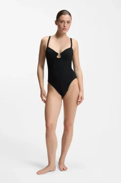 Pleated-fabric swimsuit with metallic Double B monogram