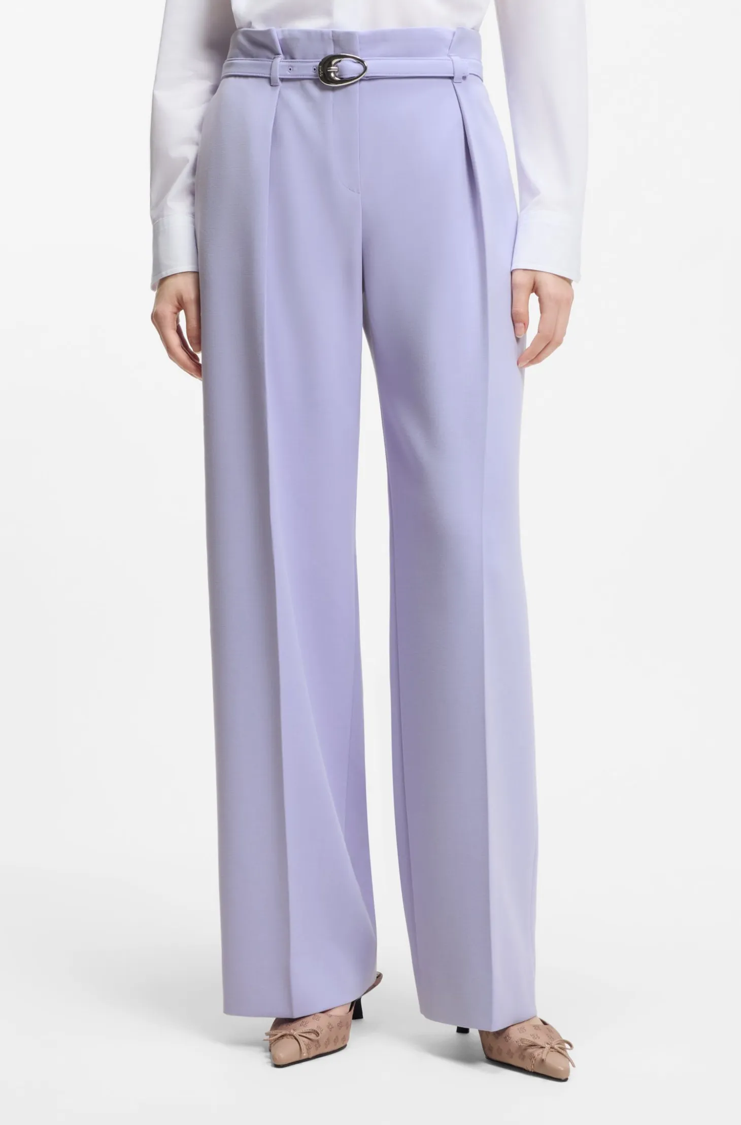 Pleat-front trousers with buckled belt