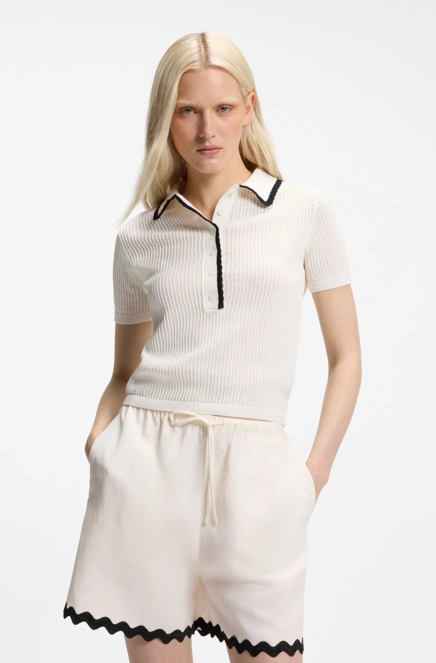 Pointelle-cotton sweater with scallop trim