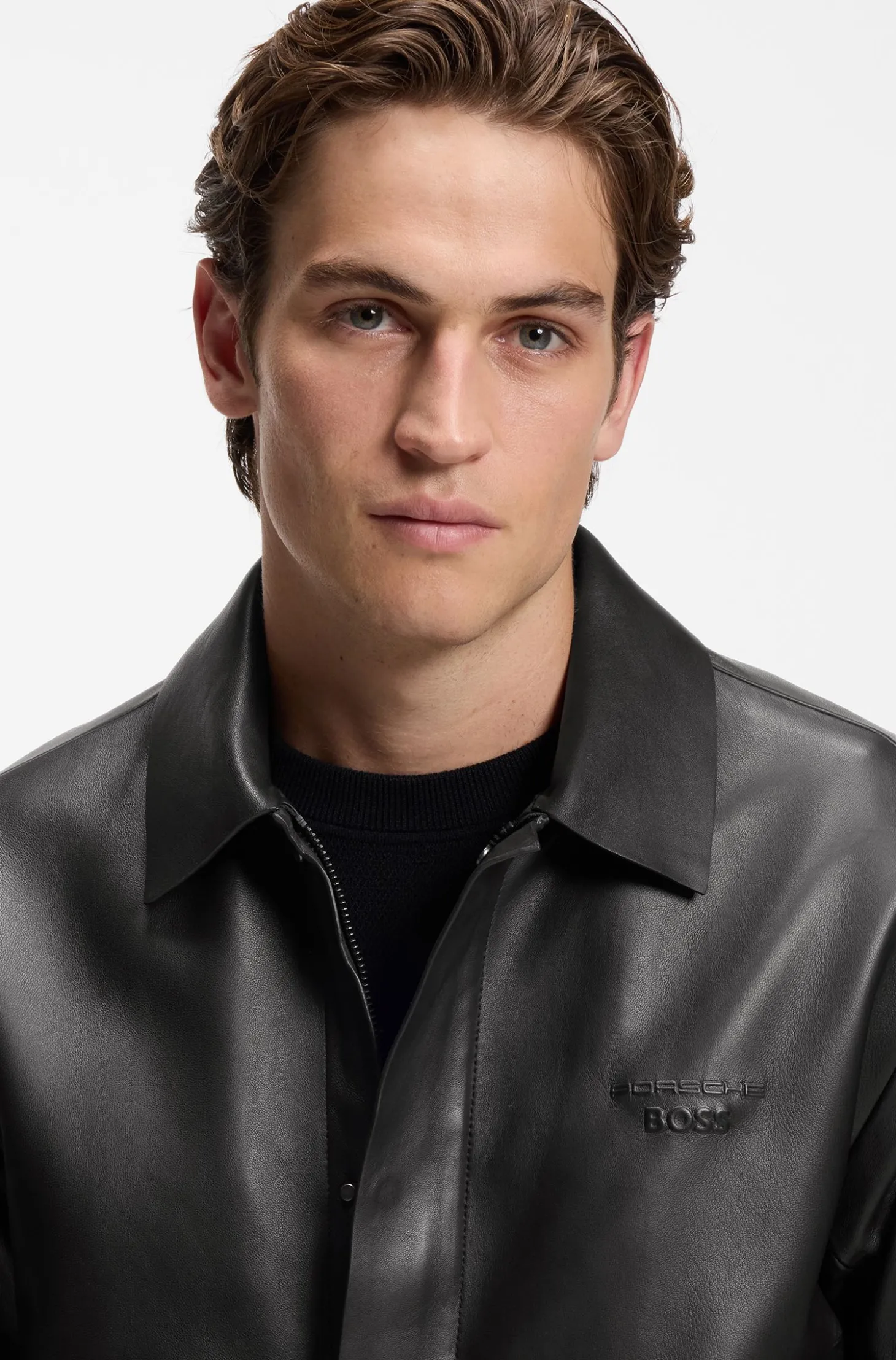 Porsche x BOSS leather jacket with concealed magnetic closure