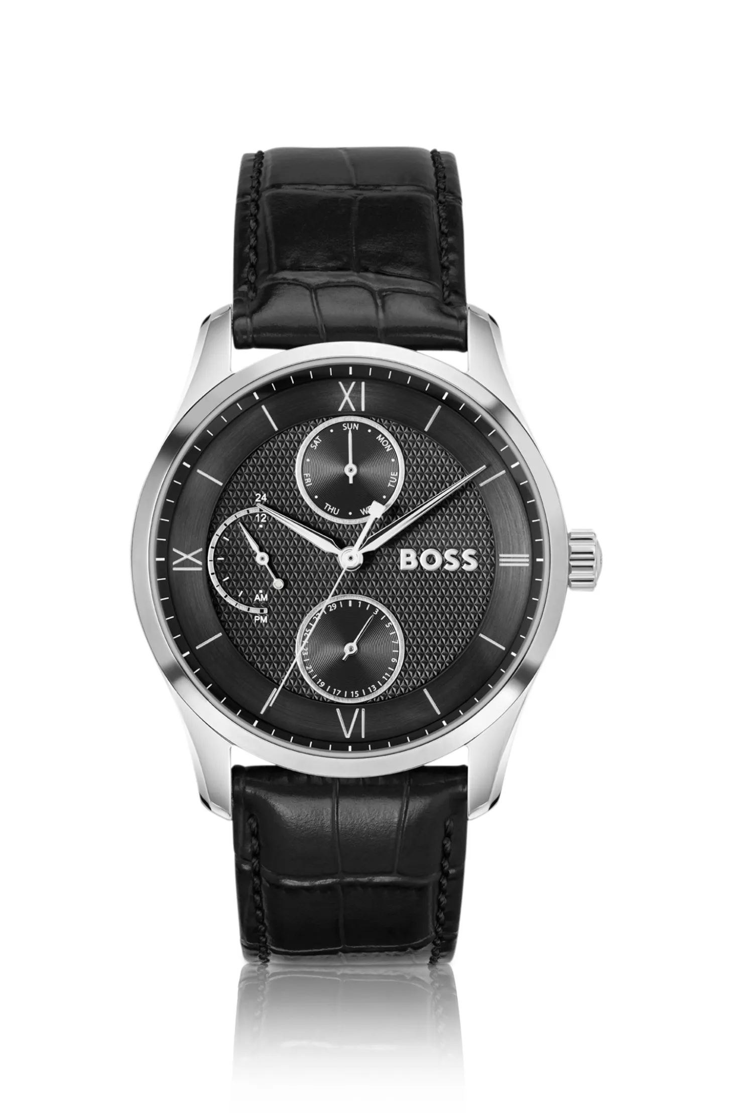 PRINCIPLE MASTER Black-textured-dial watch with leather strap
