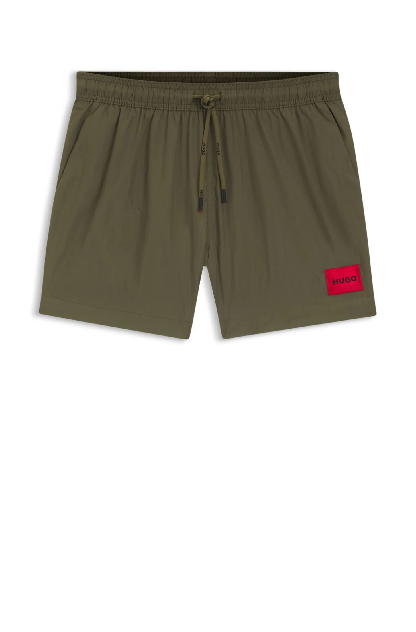 Quick-drying swim shorts with red logo label