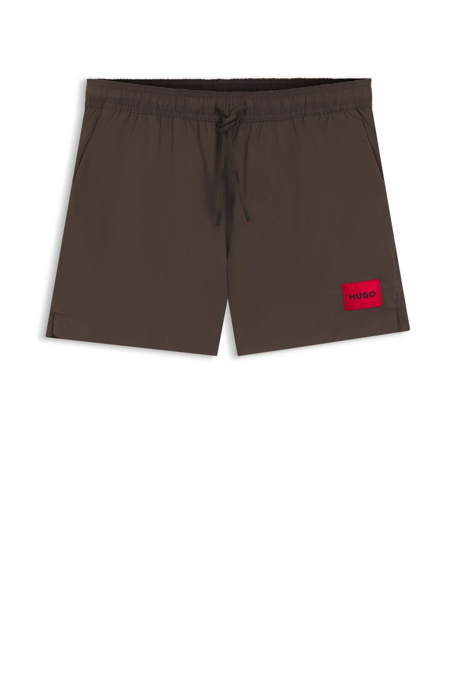 Quick-drying swim shorts with red logo label
