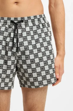 Quick-dry swim shorts with stacked-logo check print