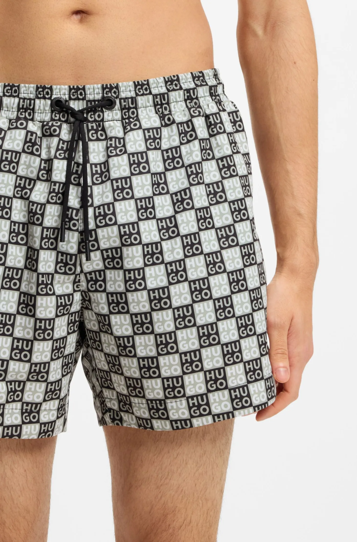 Quick-dry swim shorts with stacked-logo check print