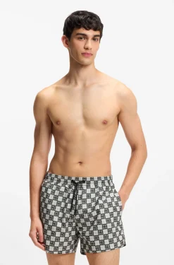Quick-dry swim shorts with stacked-logo check print