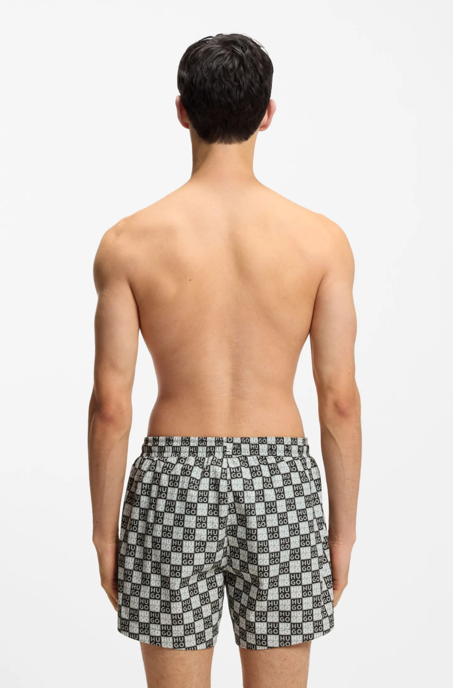 Quick-dry swim shorts with stacked-logo check print