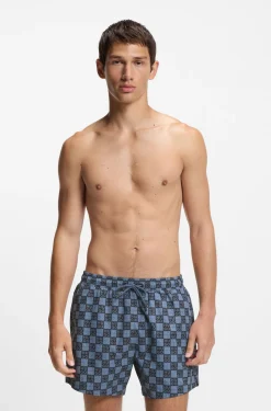 Quick-dry swim shorts with stacked-logo check print