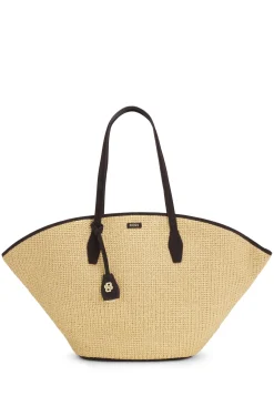 Raffia tote bag with leather trims