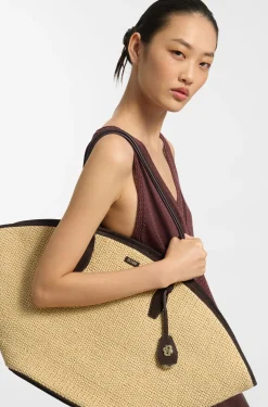 Raffia tote bag with leather trims