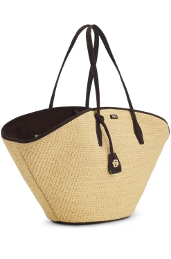 Raffia tote bag with leather trims