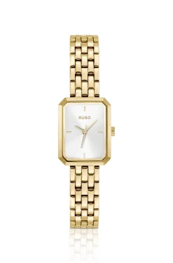 Rectangular gold-tone watch with white dial