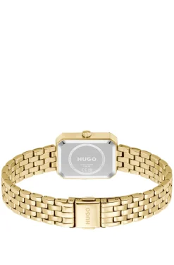 Rectangular gold-tone watch with white dial