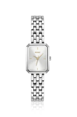 Rectangular stainless-steel watch with silver-white dial