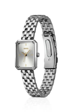 Rectangular stainless-steel watch with silver-white dial