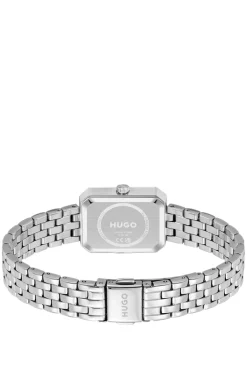 Rectangular stainless-steel watch with silver-white dial
