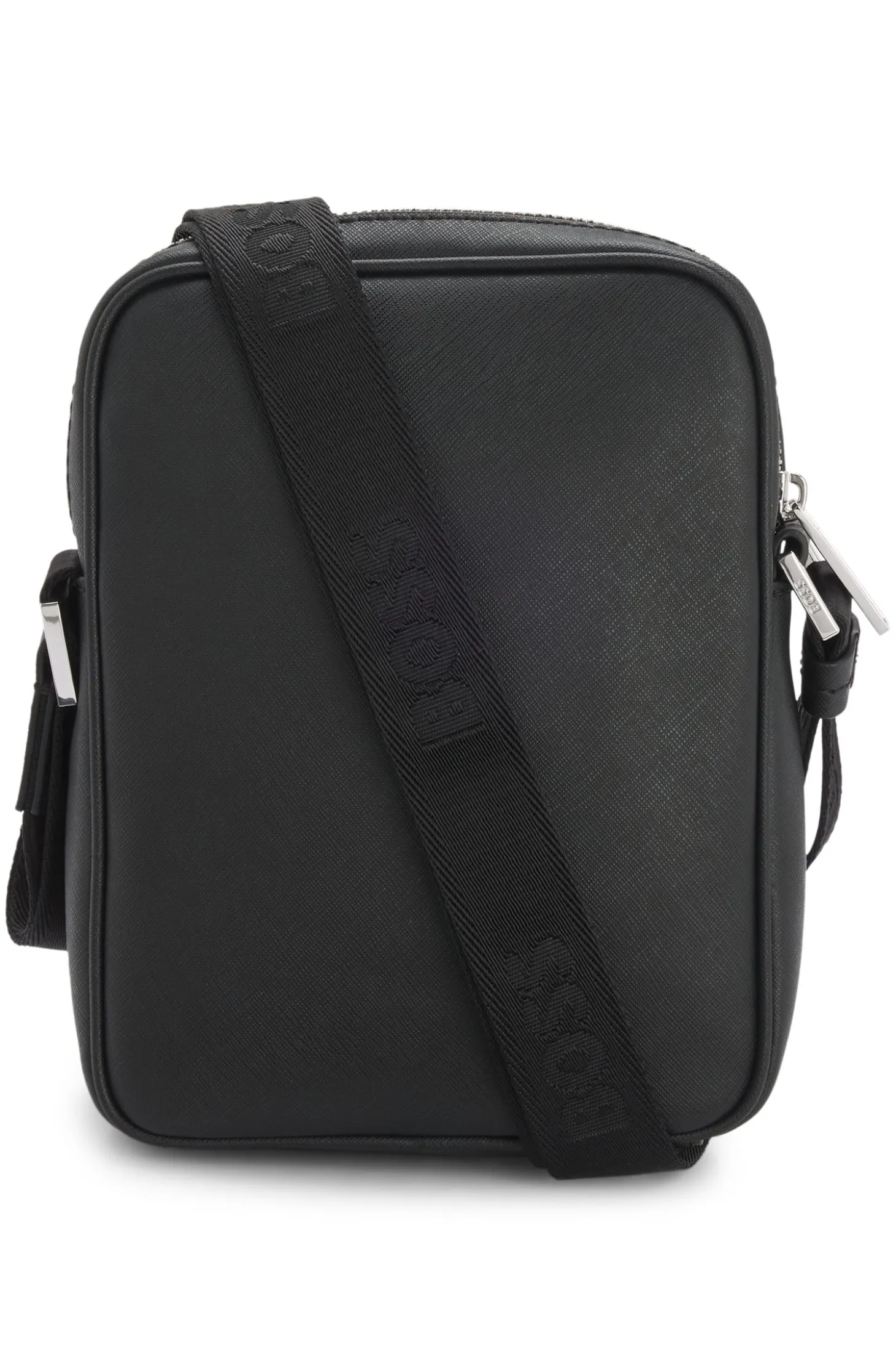 Recycled-leather reporter bag with adjustable logo strap
