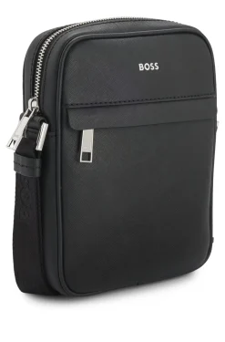 Recycled-leather reporter bag with adjustable logo strap
