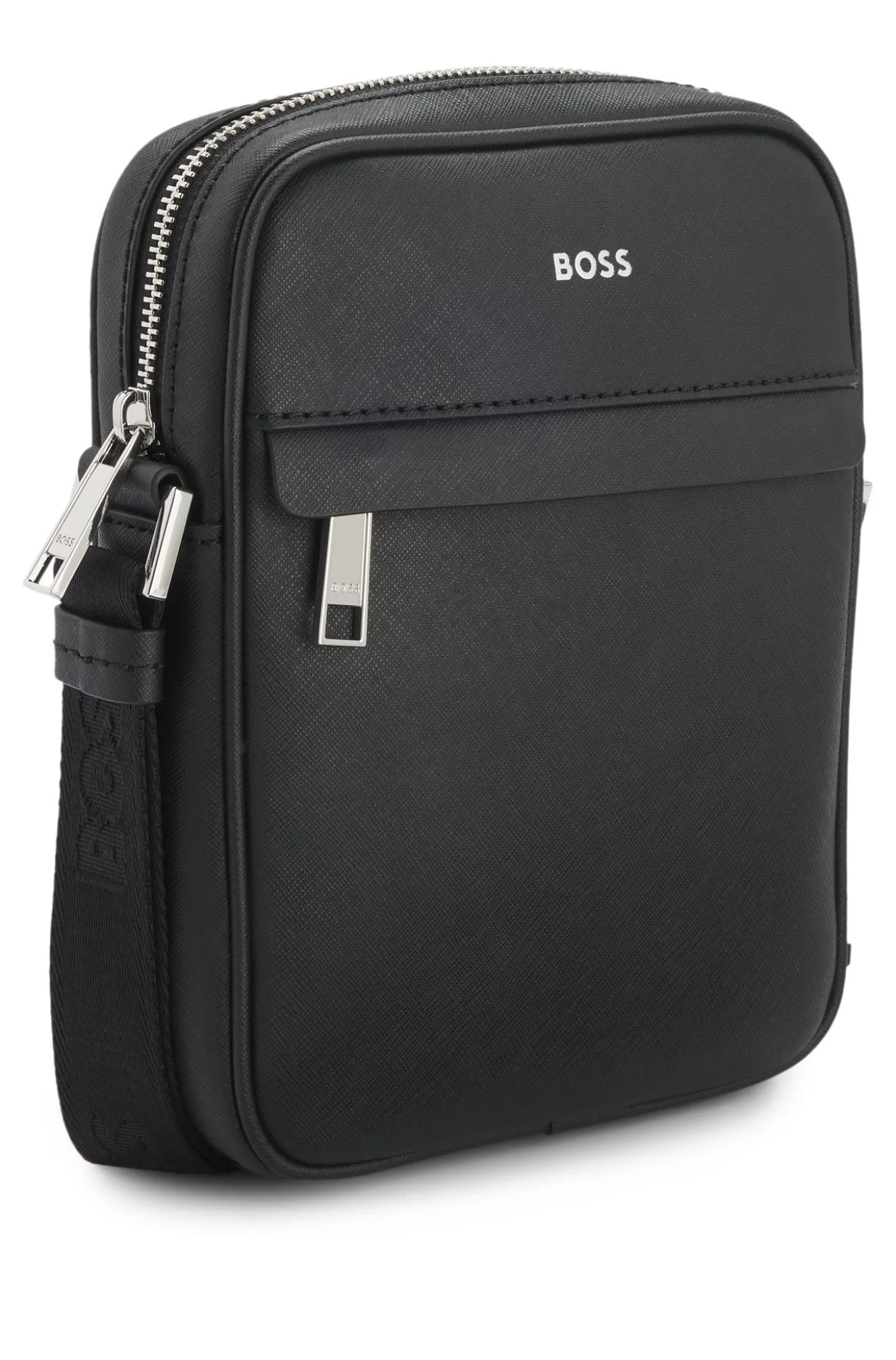 Recycled-leather reporter bag with adjustable logo strap