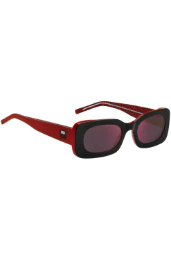Red-and-black-acetate sunglasses with detachable slogan strap