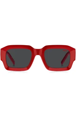 Red sunglasses with stacked-logo temples