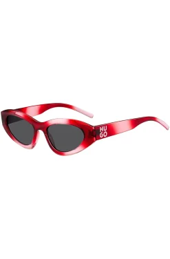 Red sunglasses with stacked-logo temples