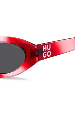 Red sunglasses with stacked-logo temples