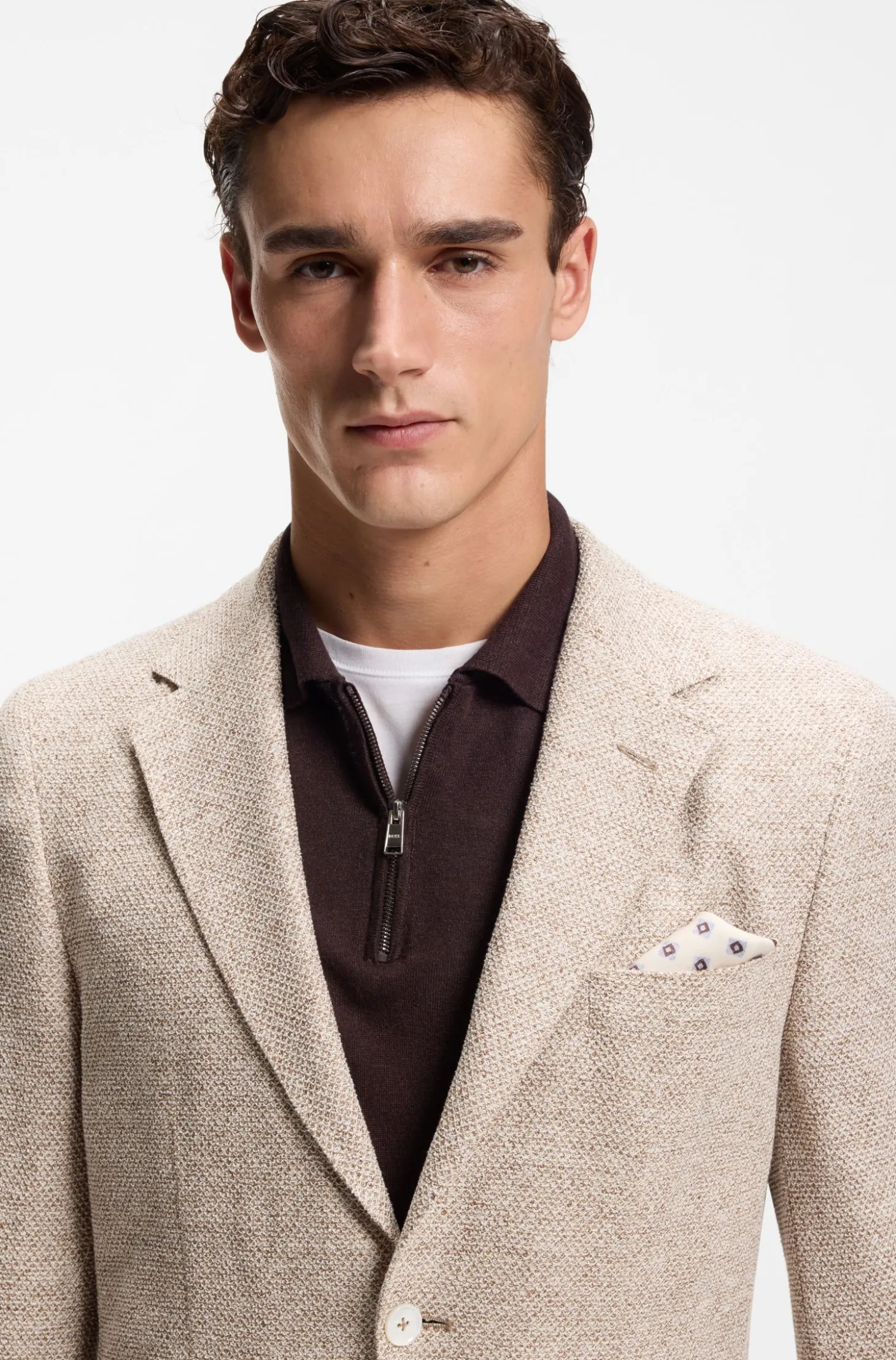 Regular-fit blazer in a patterned linen blend