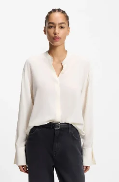 Regular-fit blouse in sandwashed silk with adjustable cuffs