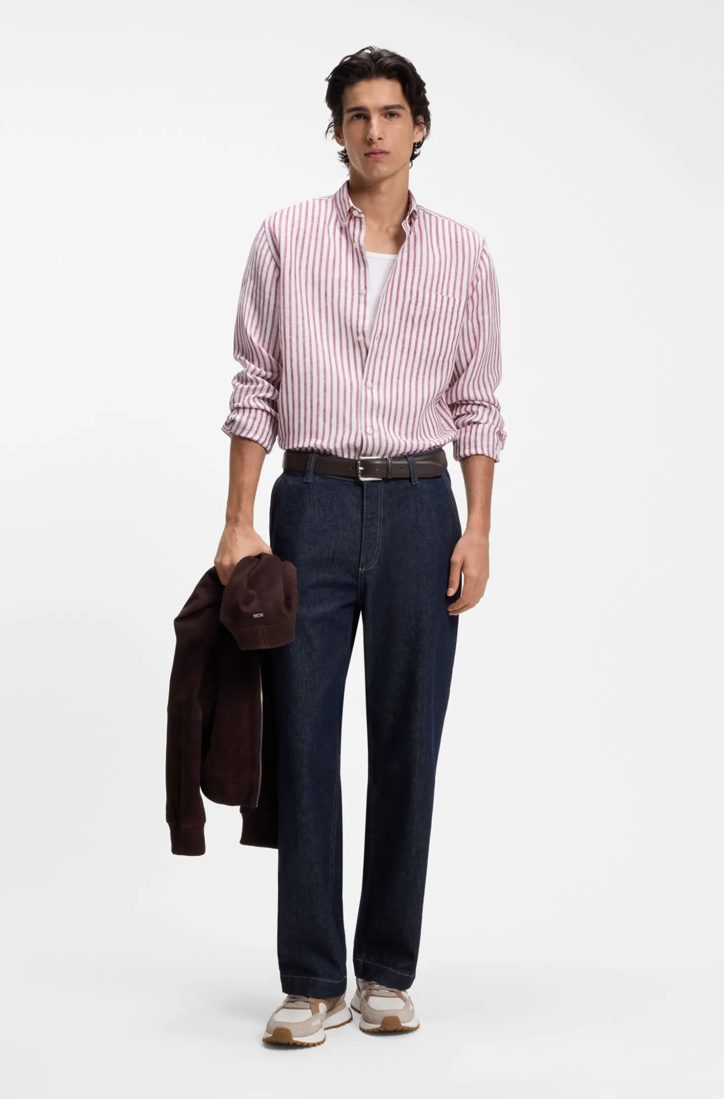 Regular-fit button-down shirt in striped linen