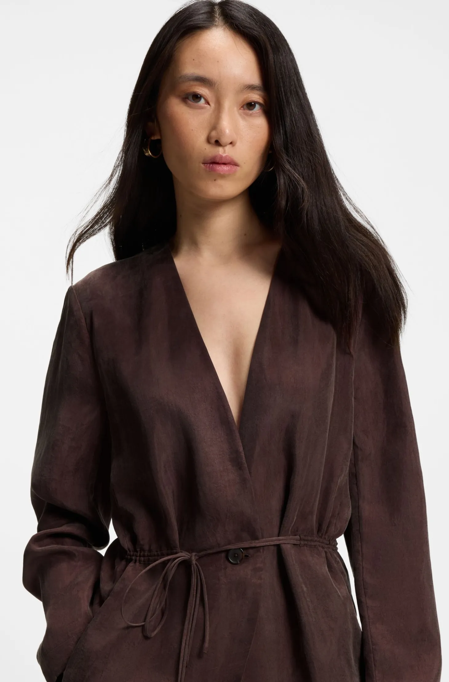 Regular-fit collarless jacket with drawstring waist
