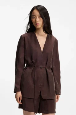 Regular-fit collarless jacket with drawstring waist