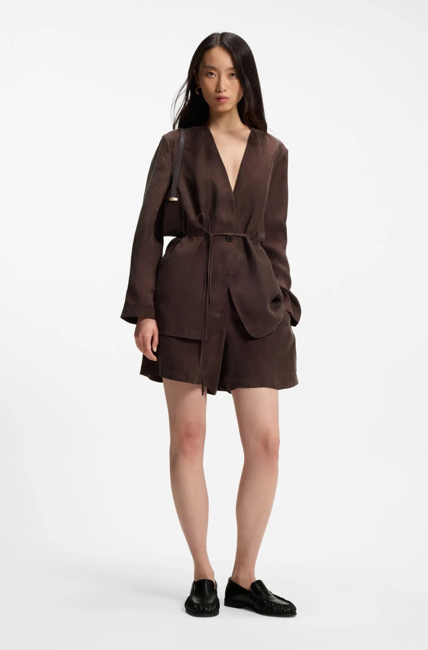 Regular-fit collarless jacket with drawstring waist