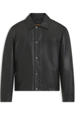Regular-fit leather shirt with metal logo buttons
