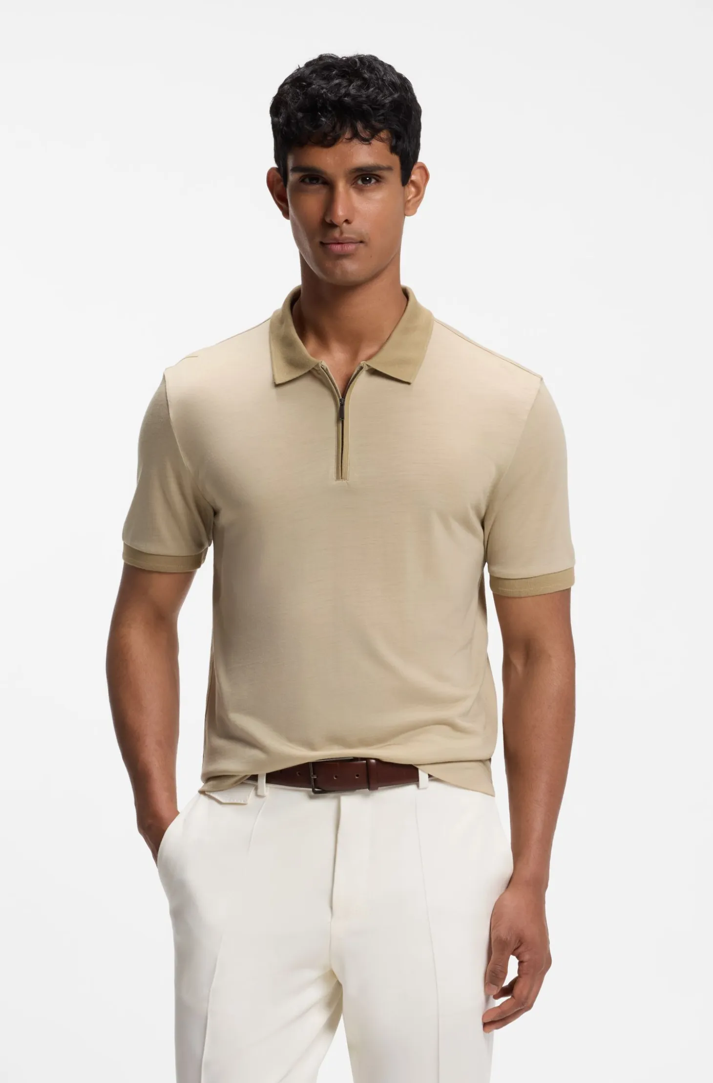 Regular-fit polo shirt in wool with zip placket
